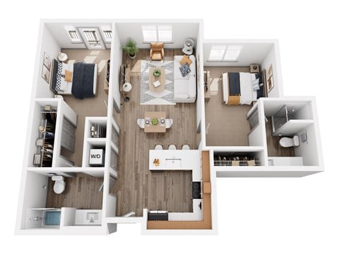 Floor plan for 2 beds, 2 baths, 1017 sqft